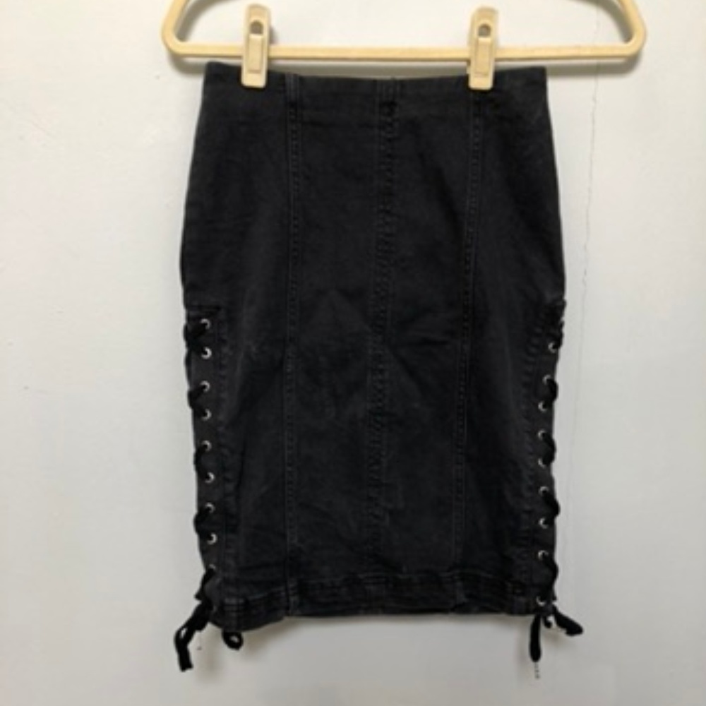Long black denim skirt